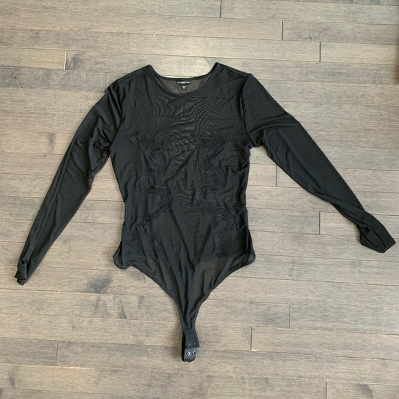 Guess Black Sheer Snake Embroidered Body Suit Size M - Picture 2 of 9